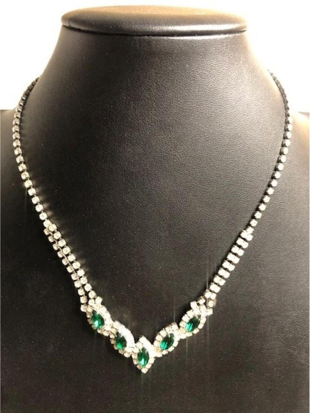 B0537 Vintage AFJ Emerald Green Rhinestone Necklace Tennis Style 16"